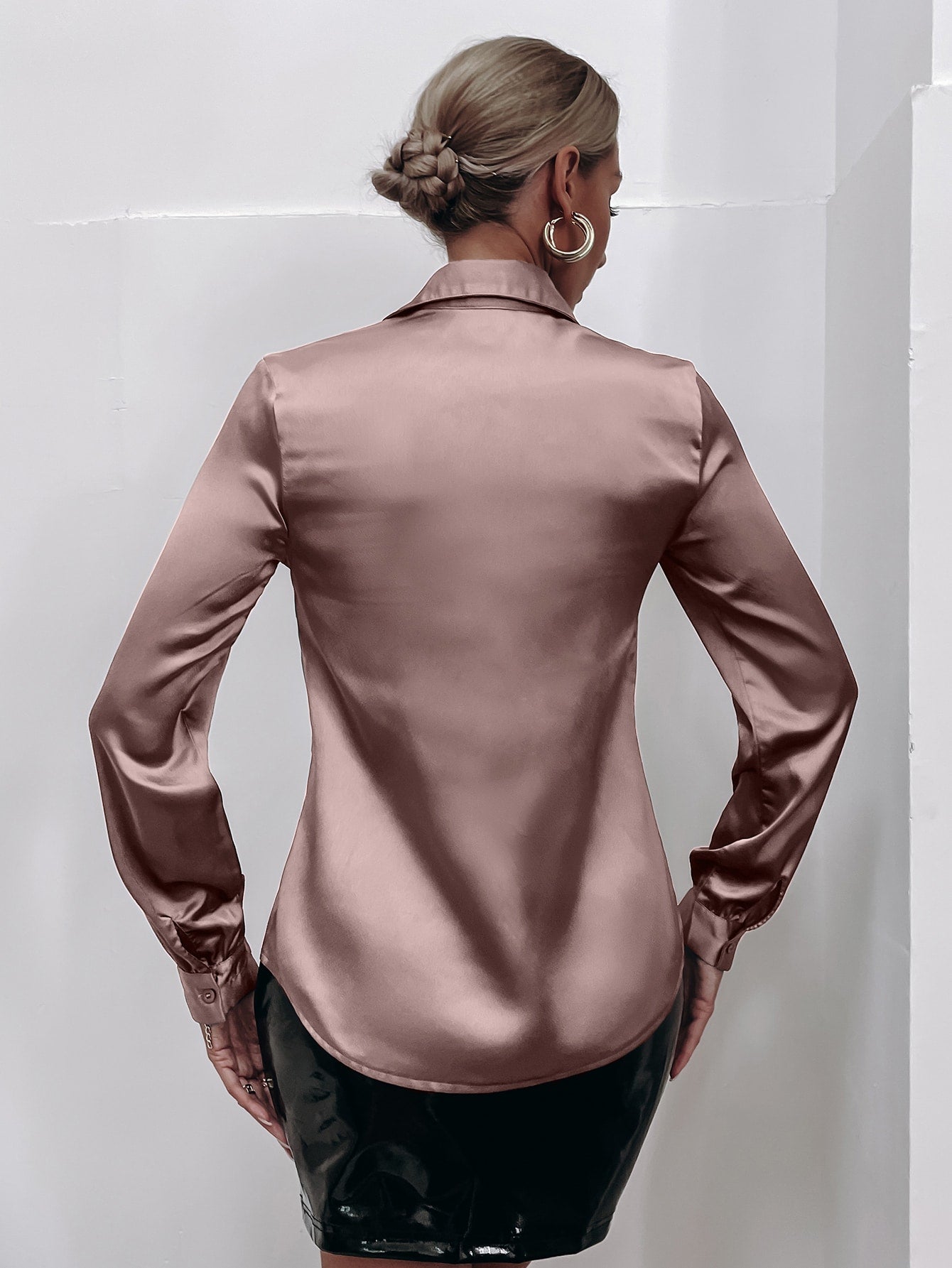 Raffinéa Satin Solid Button Front Shirt,Ladies Elegant Button Long Sleeve Collar Regular Fit Regular Dusty Pink Regular Sleeve Shirt Women Blouses,Spring/Fall ,Professional/Business Attire/Workwear
