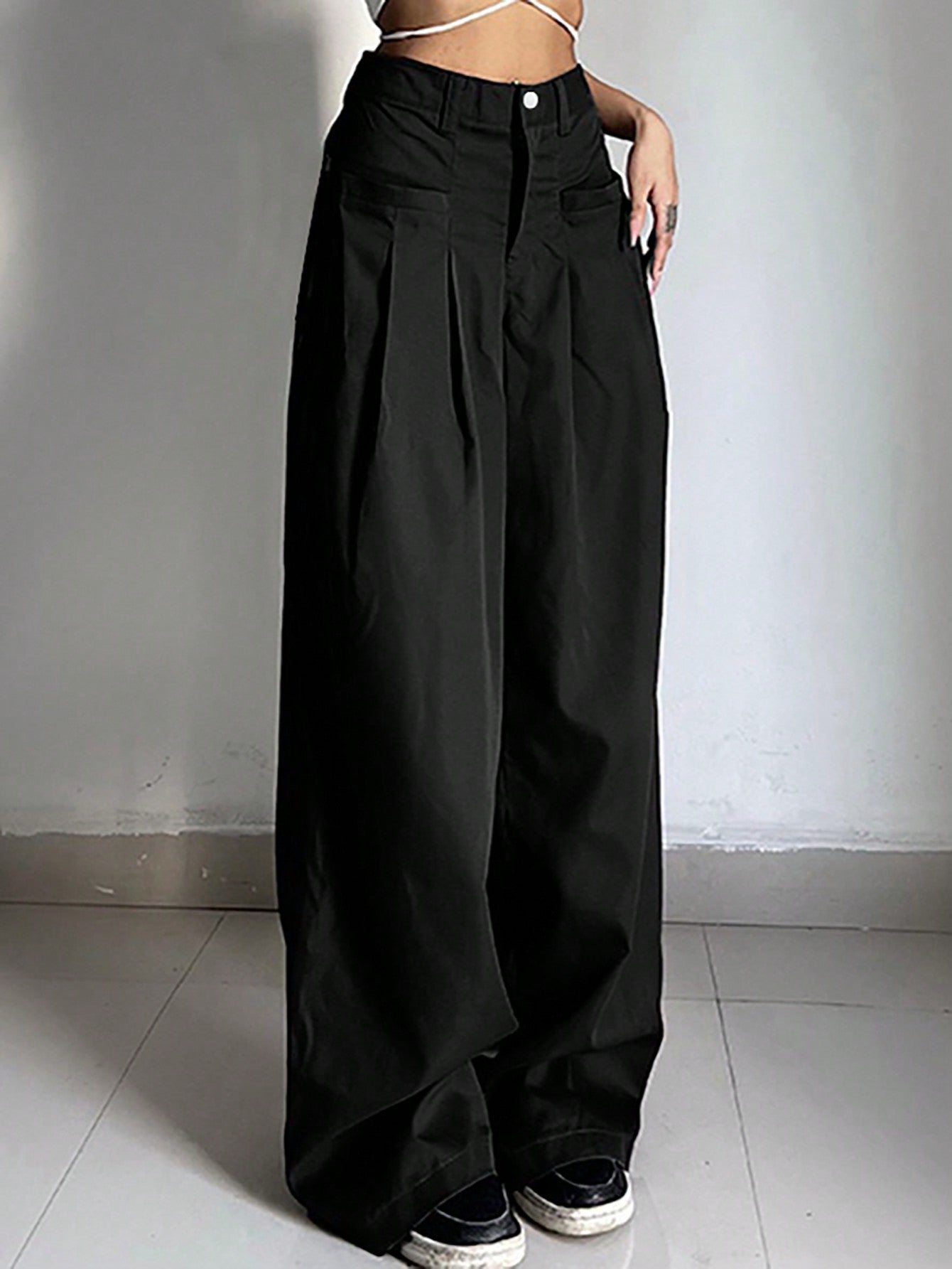 Relaxiva Solid Color Front Button Pockets Loose Straight Wide-Leg Casual Pants
