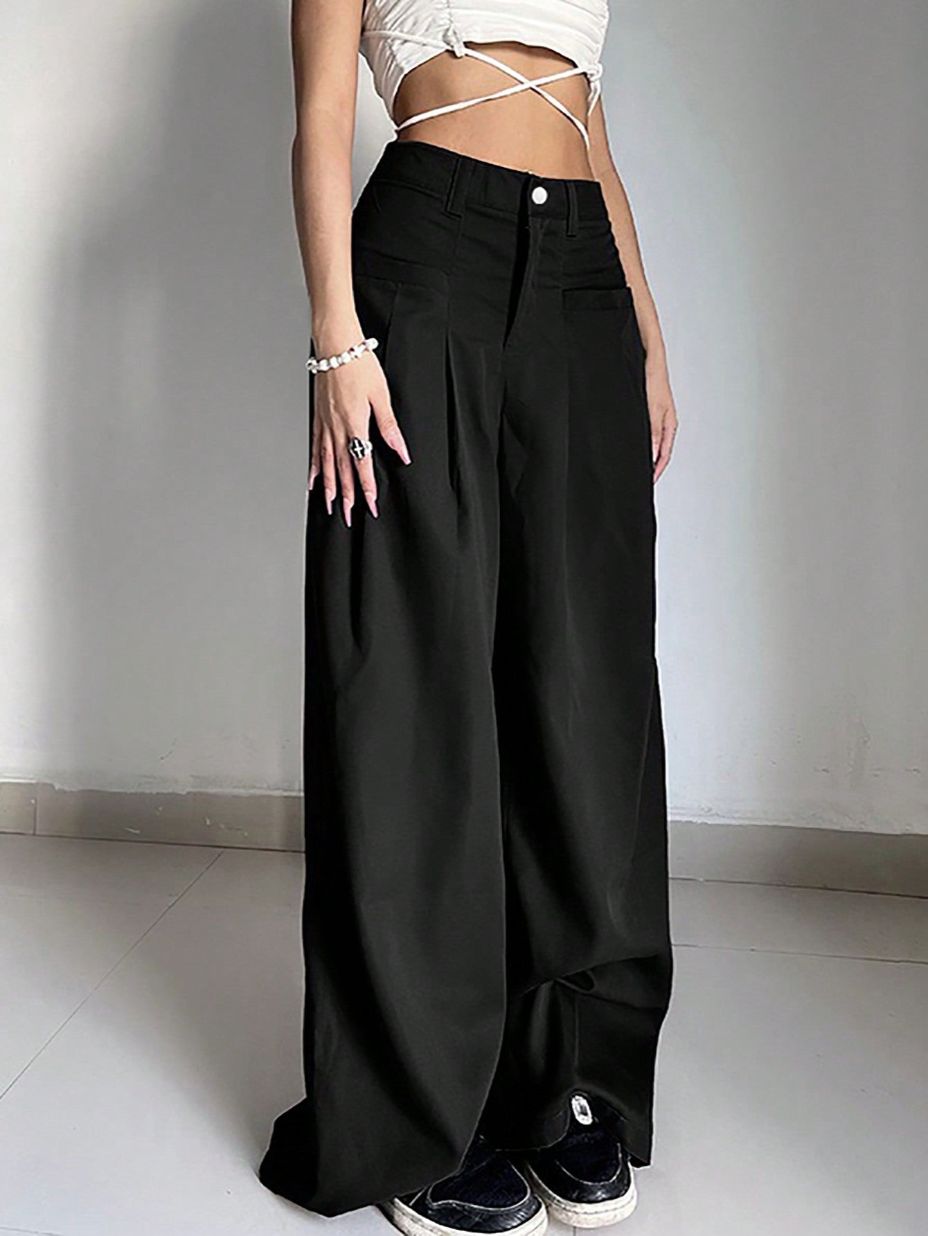 Relaxiva Solid Color Front Button Pockets Loose Straight Wide-Leg Casual Pants
