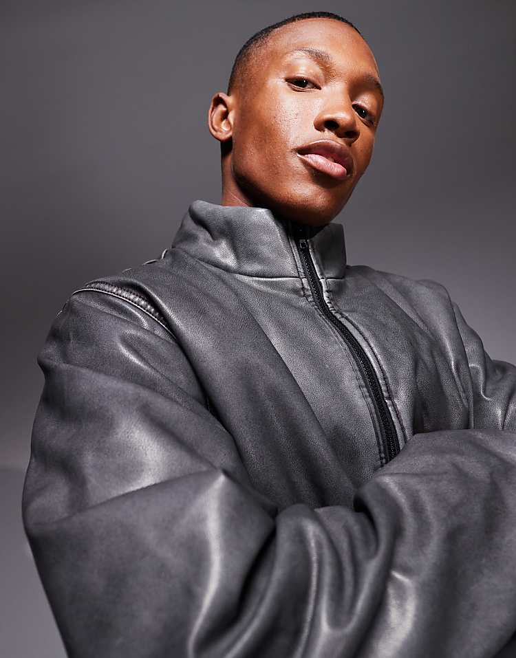 Washed Faux Leather Puffer Jacket