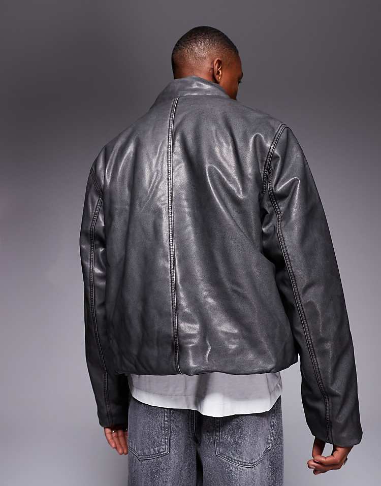 Washed Faux Leather Puffer Jacket
