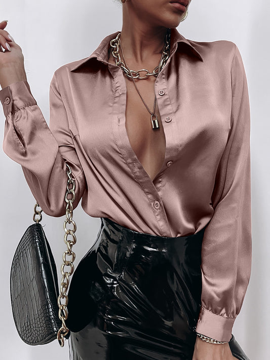 Raffinéa Satin Solid Button Front Shirt,Ladies Elegant Button Long Sleeve Collar Regular Fit Regular Dusty Pink Regular Sleeve Shirt Women Blouses,Spring/Fall ,Professional/Business Attire/Workwear