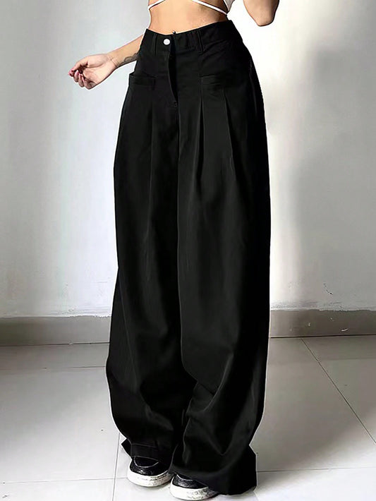 Relaxiva Solid Color Front Button Pockets Loose Straight Wide-Leg Casual Pants