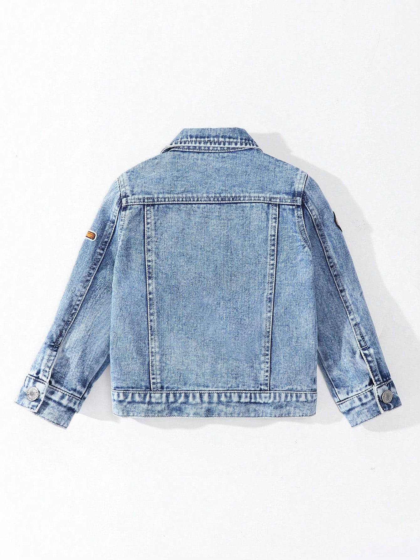 Distressed Letter & Tiger Embroidered Patch Washed Light Blue Denim Jacket, Casual And Comfortable Streetwear For Young Boys